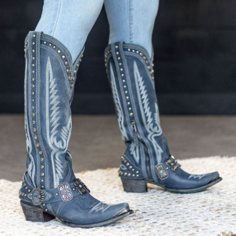 Western Style Stud Embroidered Boots