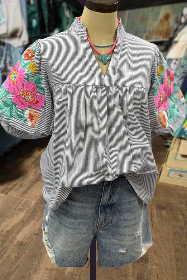 Striped V-Neck Floral Embroidered Puff Sleeve Top