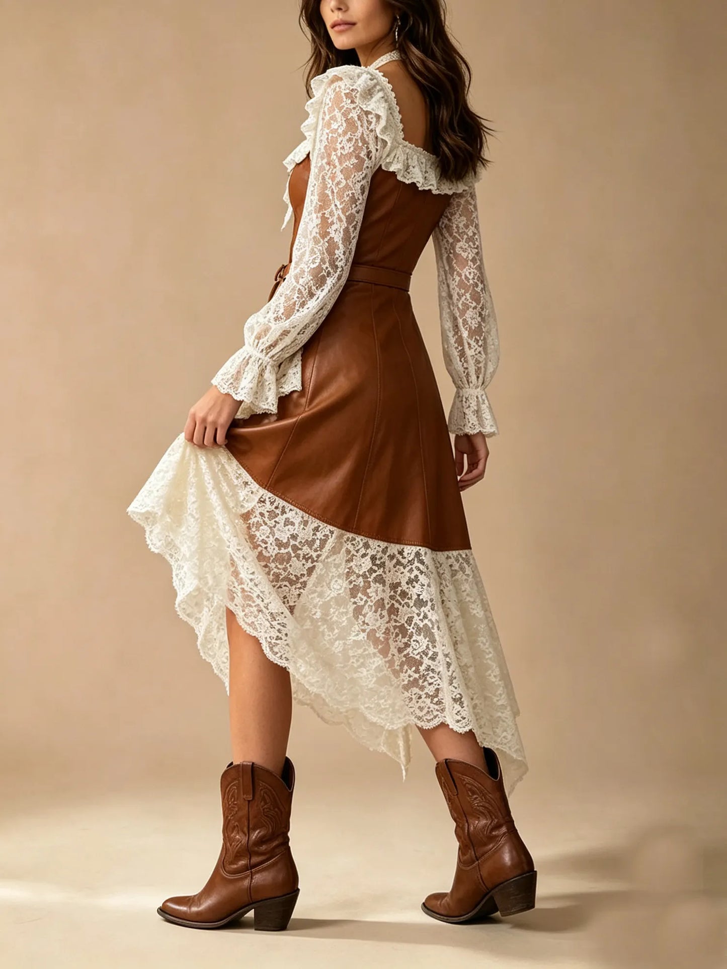 Western-style dress — Cognac brown vest with a cinched waist and belt, asymmetrical ruffles, PU leather and lace trim, Midi Dress