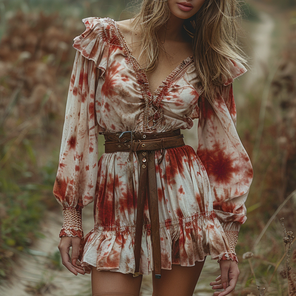 Retro V-neck Women's Tie Dye Long Sleeve Dress Halloween Red And White Short Dress Party Skirt