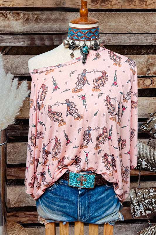 Vintage Western Cowgirl Print Dolman Top