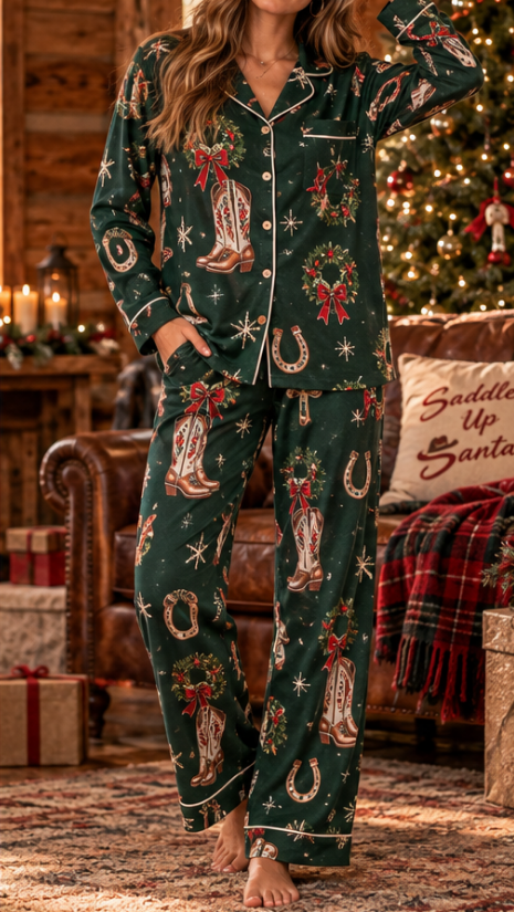 Women's Western Christmas Cowboy Boot Wreath Long Sleeve Pants Suit
