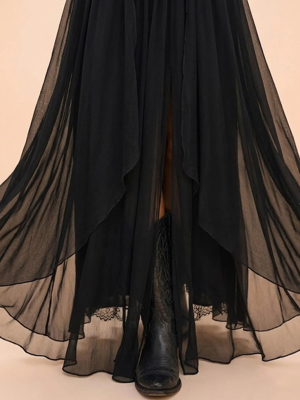 Perfect for Country Music Festivals — Black Off-the-Shoulder Pleated Chiffon Western Maxi Dress