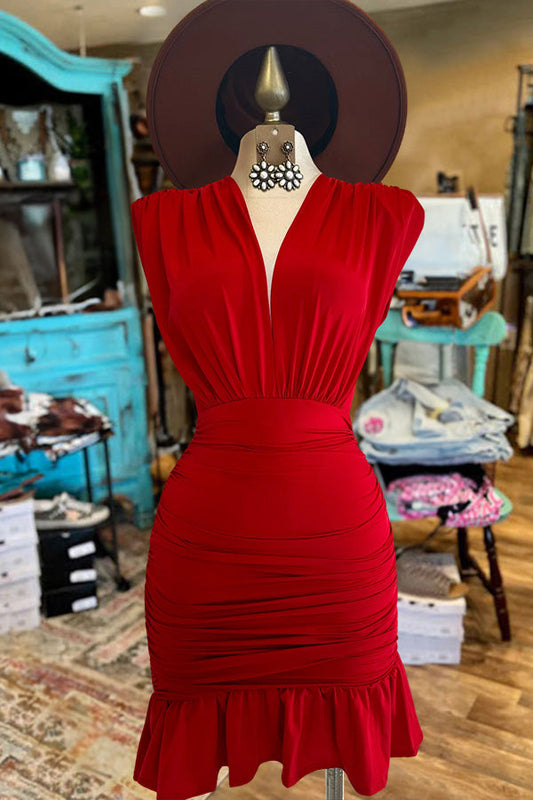 V-Neck Sleeveless Ruffled Hem Mini Dress