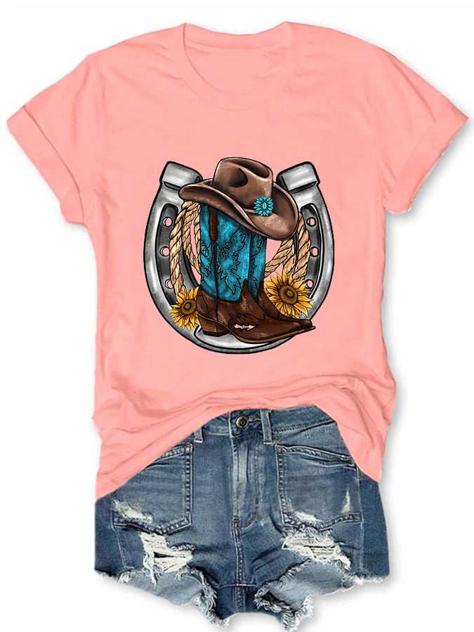 Women's Turquoise Western Boots Print Short Sleeve T-Shirt