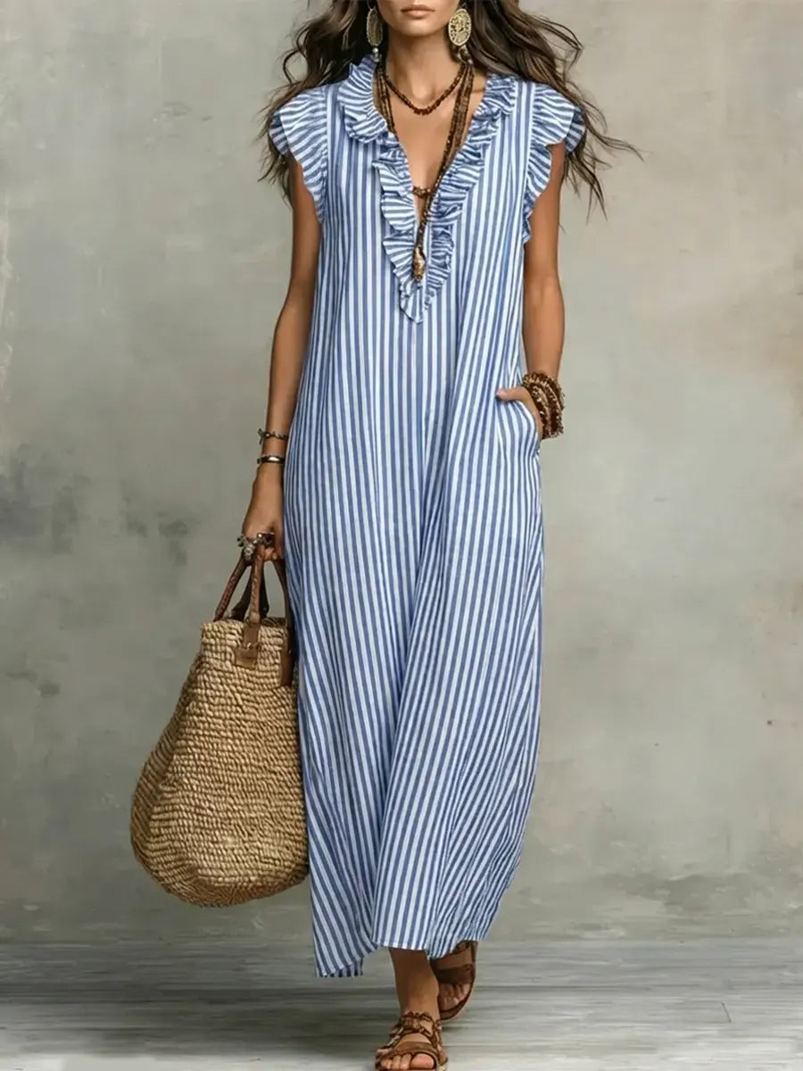 Women's Striped Art Print Casual Ruffled Stylish Dress
