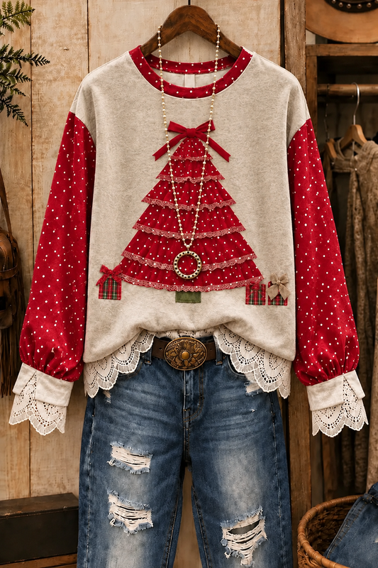 Vintage Christmas Tree Print Crew Neck Lace Trim Top