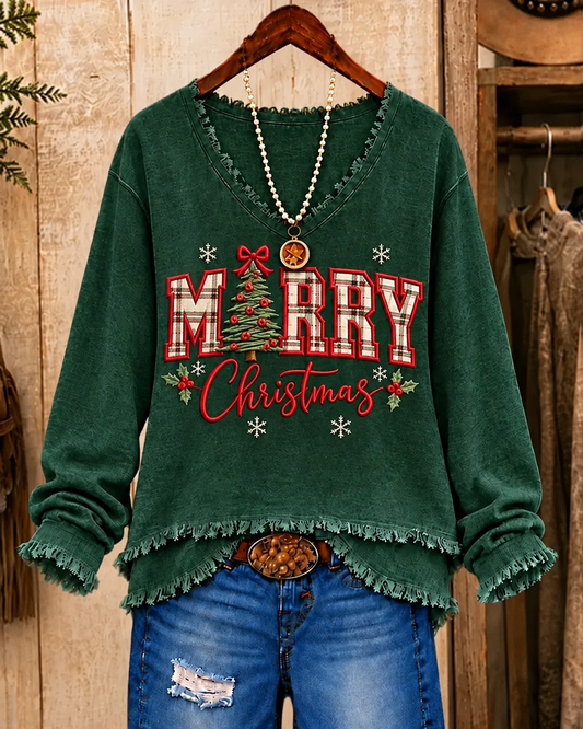 Christmas Merry Embroidered V-Neck Frayed Hem Top