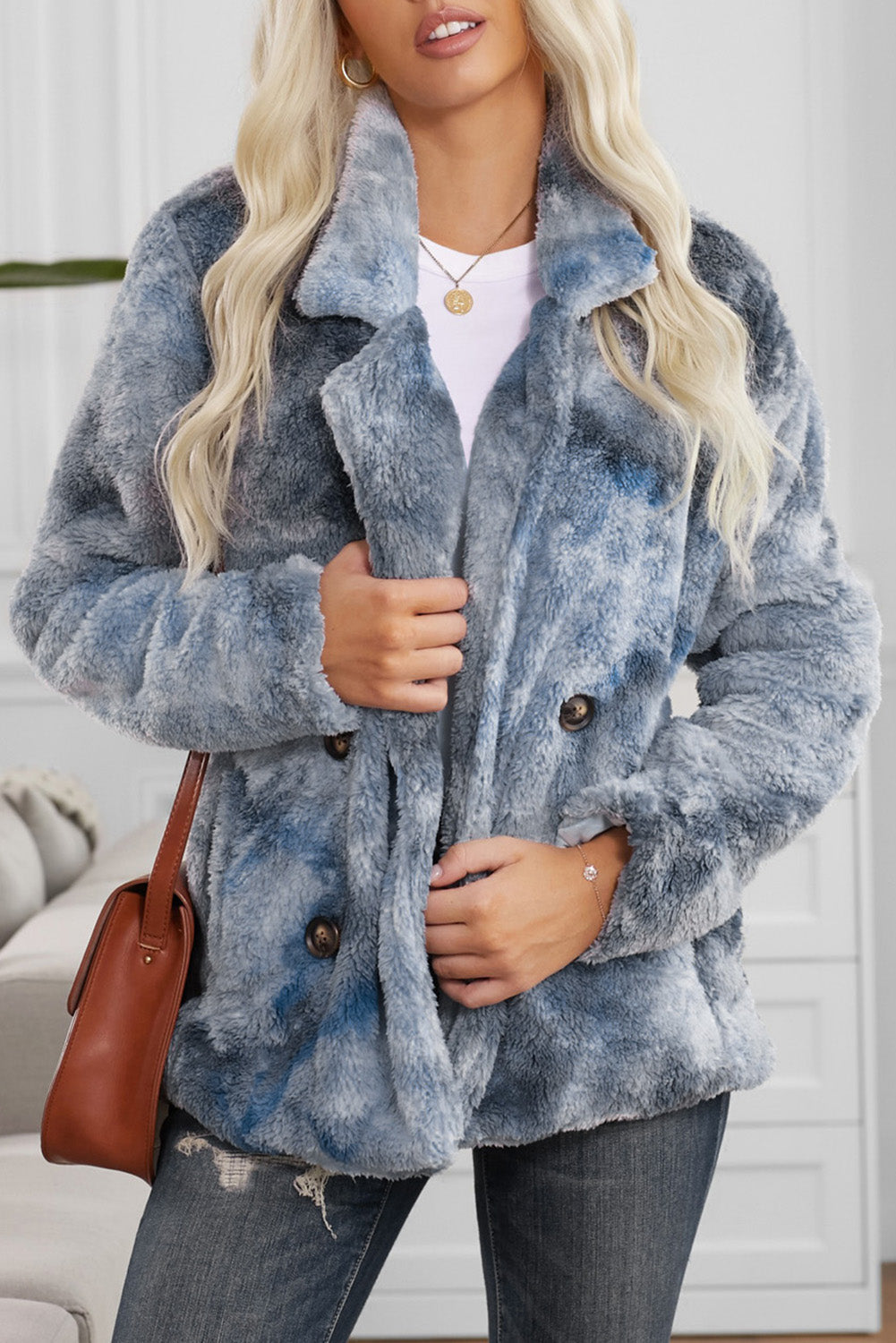 Tie Dye Lapel Collar Open Front Fleece Coat