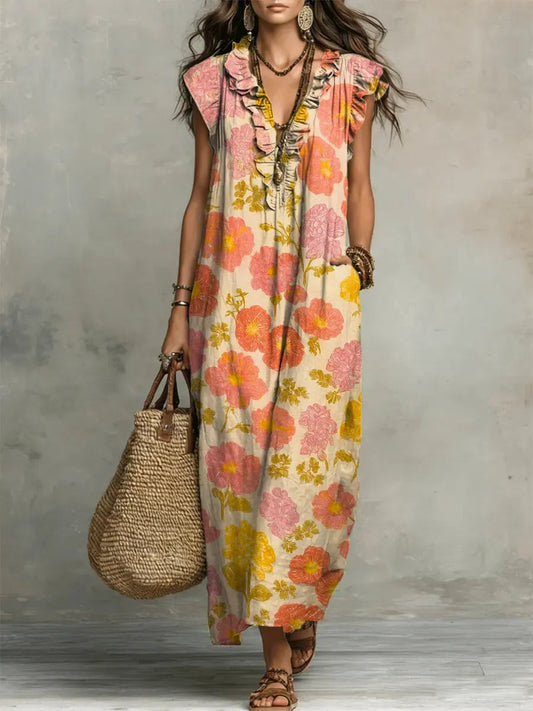 Women's Retro Floral Pattern Art Print Casual Ruffled Stylish Dress