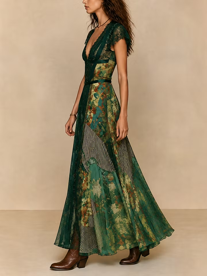 Boho Print Lace Trim Ethnic Print Maxi Dress