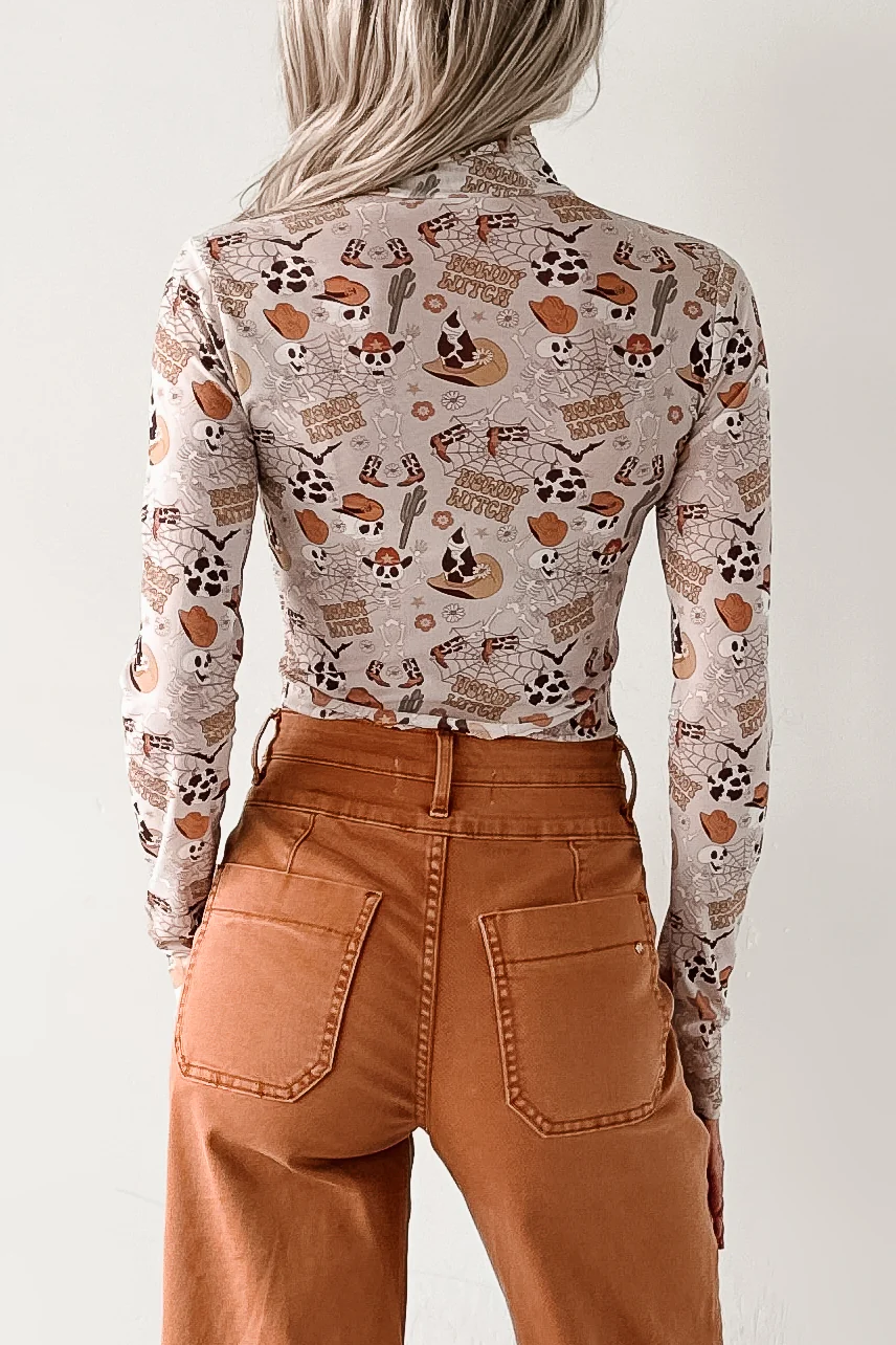 Beige Western Skull Allover Print Mock Neck Long Sleeve Top