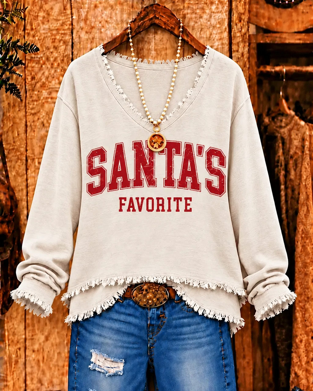 Christmas Solid Santa's Favorite V-Neck Frayed Hem Top