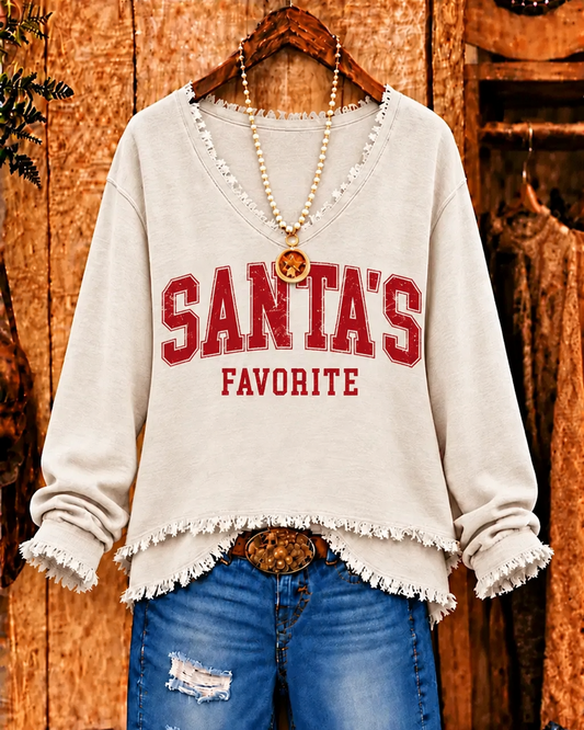 Christmas Solid Santa's Favorite V-Neck Frayed Hem Top