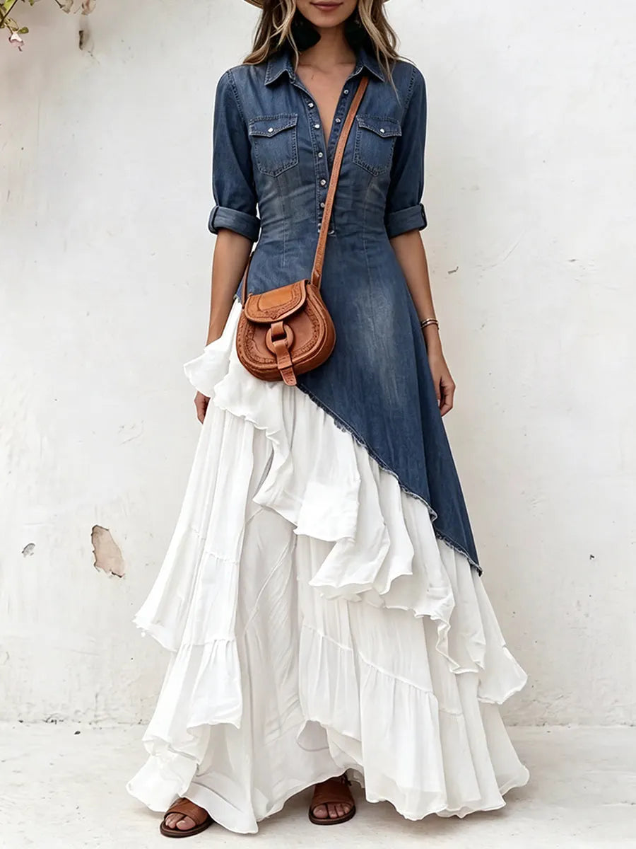 Asymmetrical Denim Patchwork Chiffon Maxi Dress