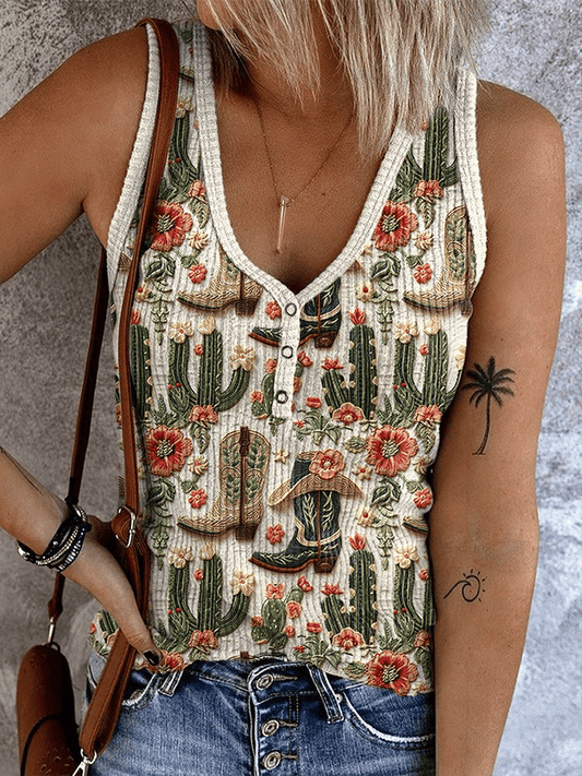 Women's Western Style Printed Stretch Striped Fabric Casual Tank Top