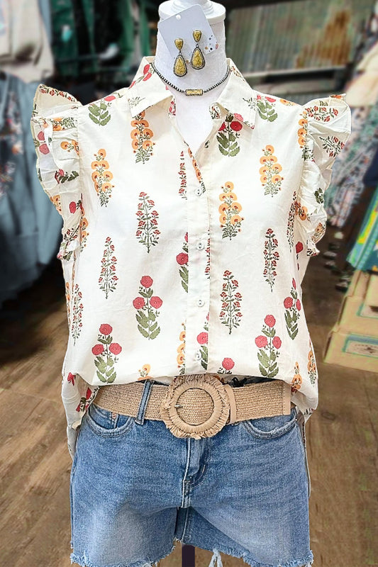 Chic Floral Print Collared Ruffle Sleeve Top