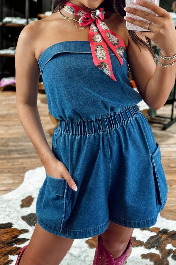 Retro Washed Bandeau Waist Denim Romper