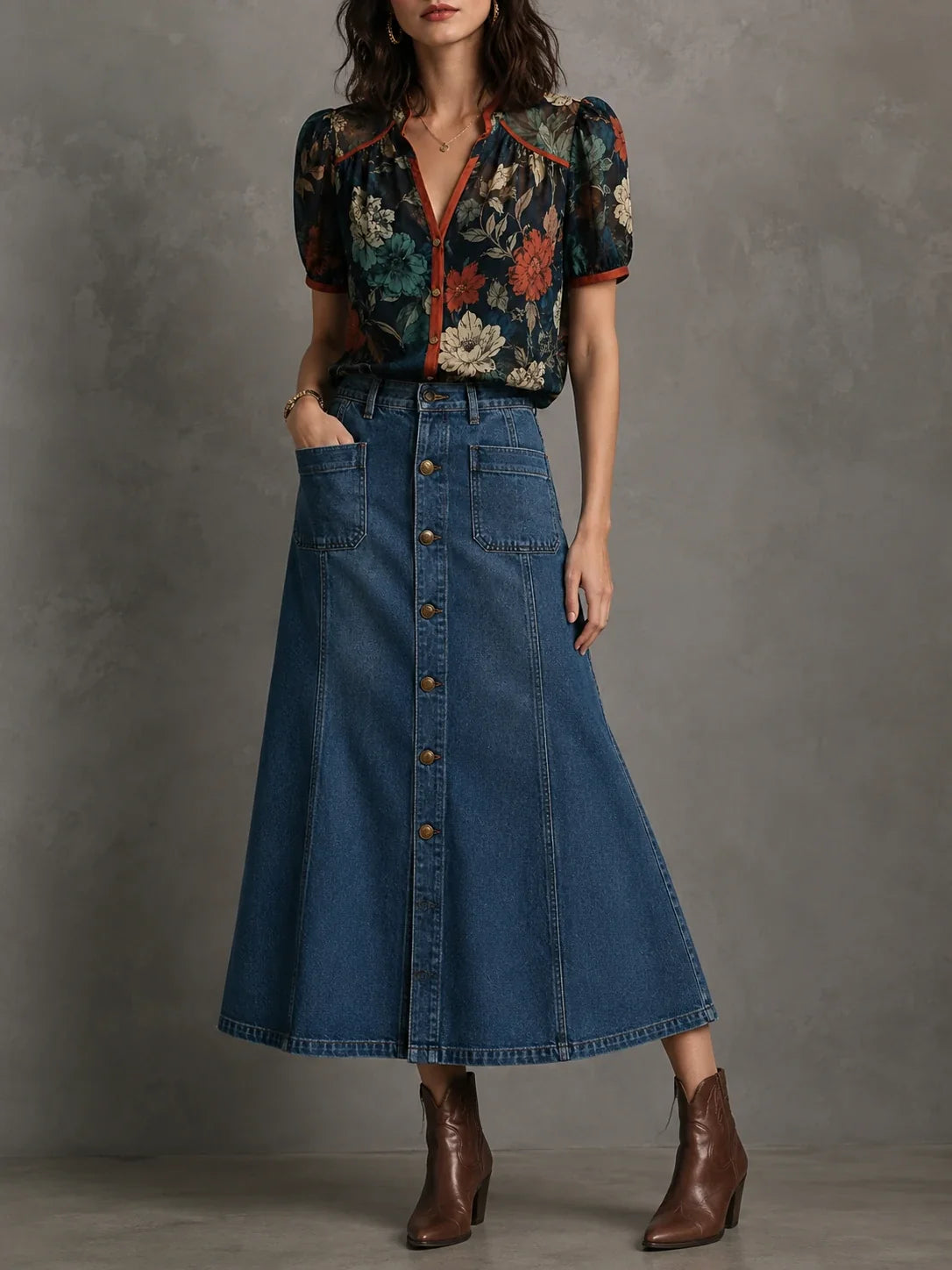 Mid Blue Vintage Wash Button-Front Denim Midi Skirt