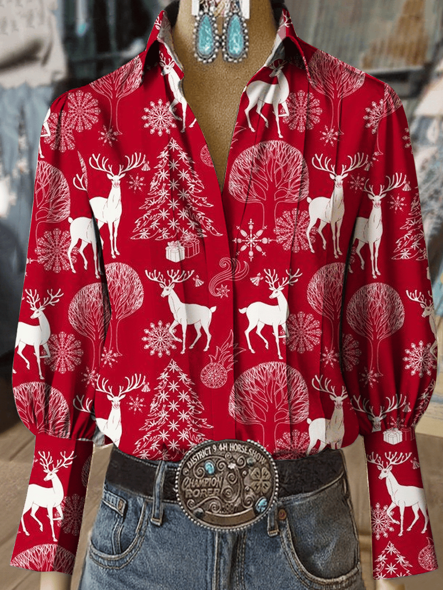 Women's Western Vintage Christmas Evergreen Elk Print Long Sleeve Shirt