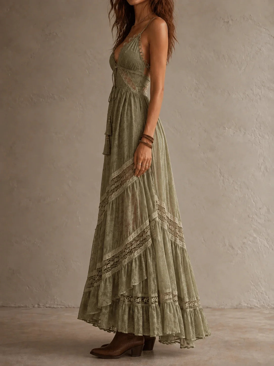 Sage Lace Tassel Maxi Dress
