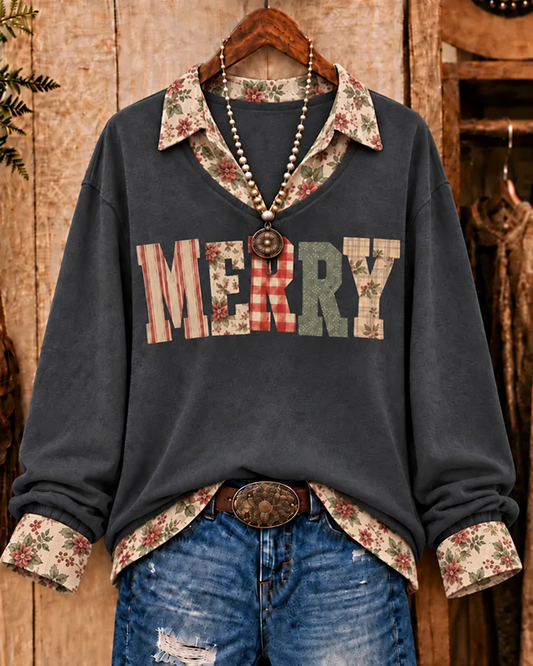 Christmas Vintage Merry Print Faux Layered Collared Long Sleeve Top