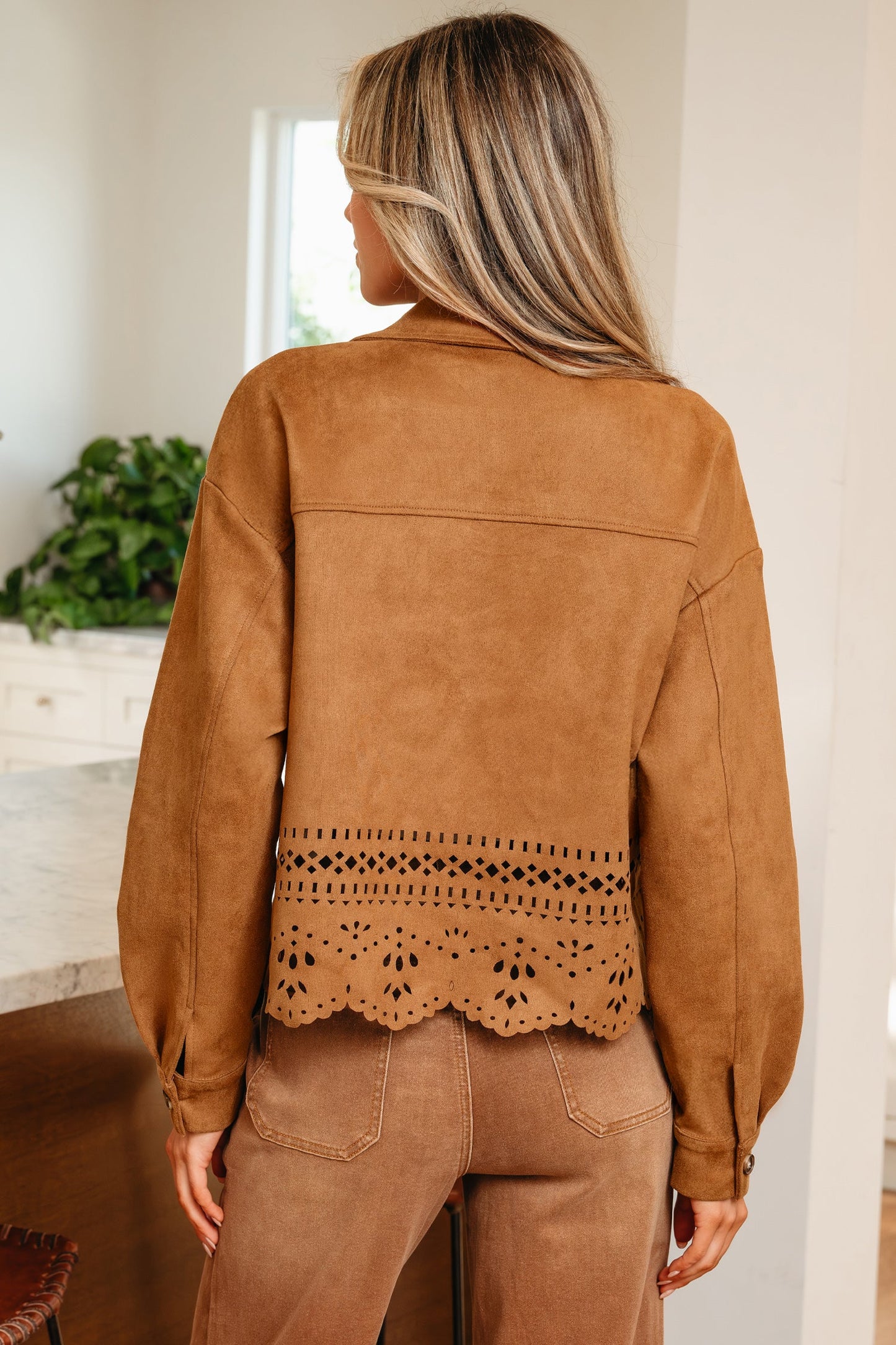 Thai Curry Solid Color Faux Suede Hollowed Detail Retro Style Jacket