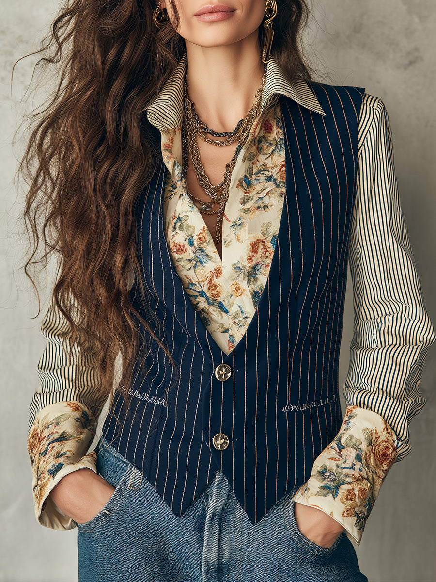 Vintage Striped Floral Print Long-sleeved Blouse