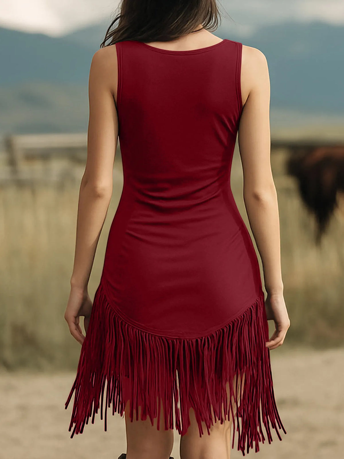 2026S/S Women Faux Suede Dress Vintage V Neck Sleeveless Stretchy Fringe Cowgirl Outfit Spring Summer Sexy Western Mini Dresses