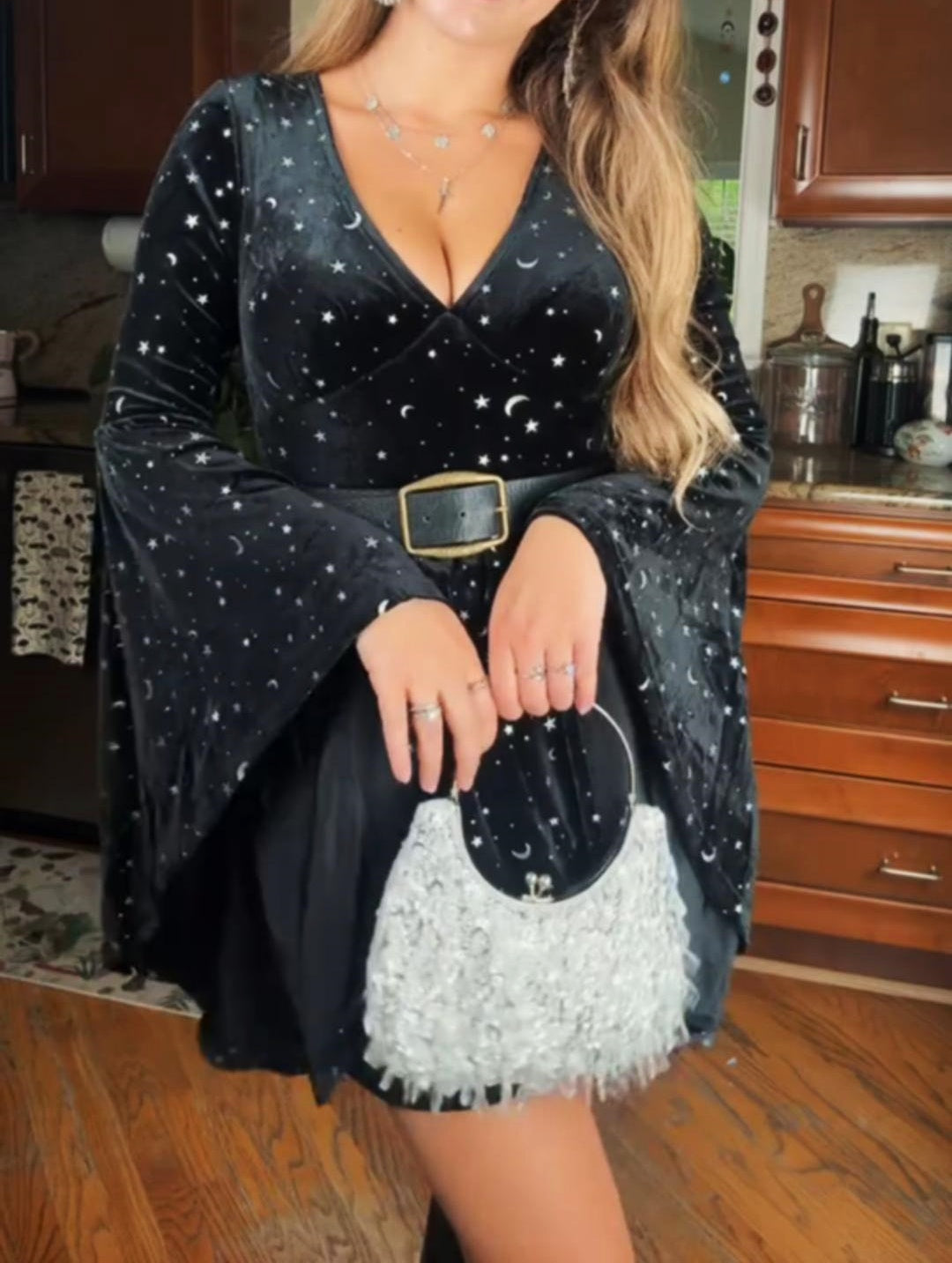 Velvet V-neck Star & Moon Pattern Bell Sleeve Dress