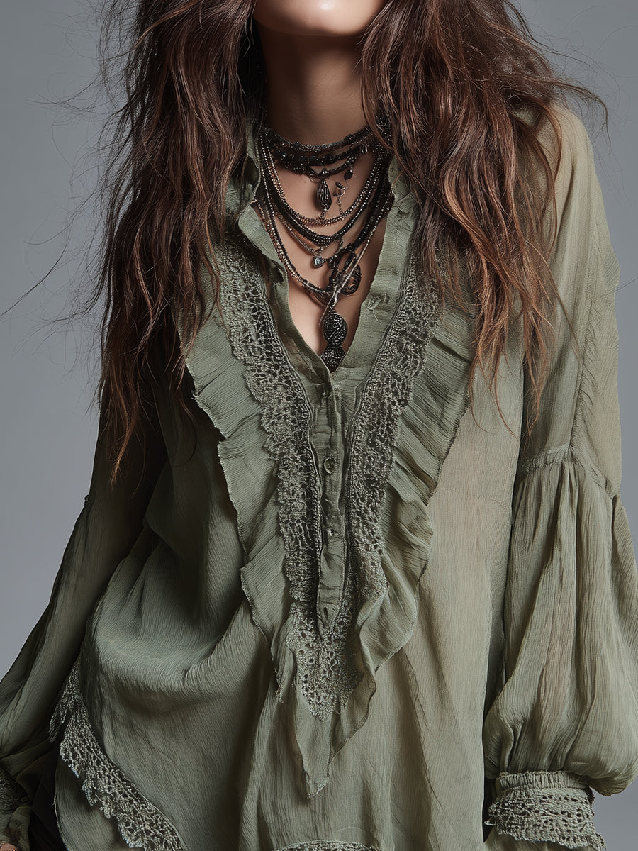 Bohemian-style Chiffon Blouse With Lace Trim