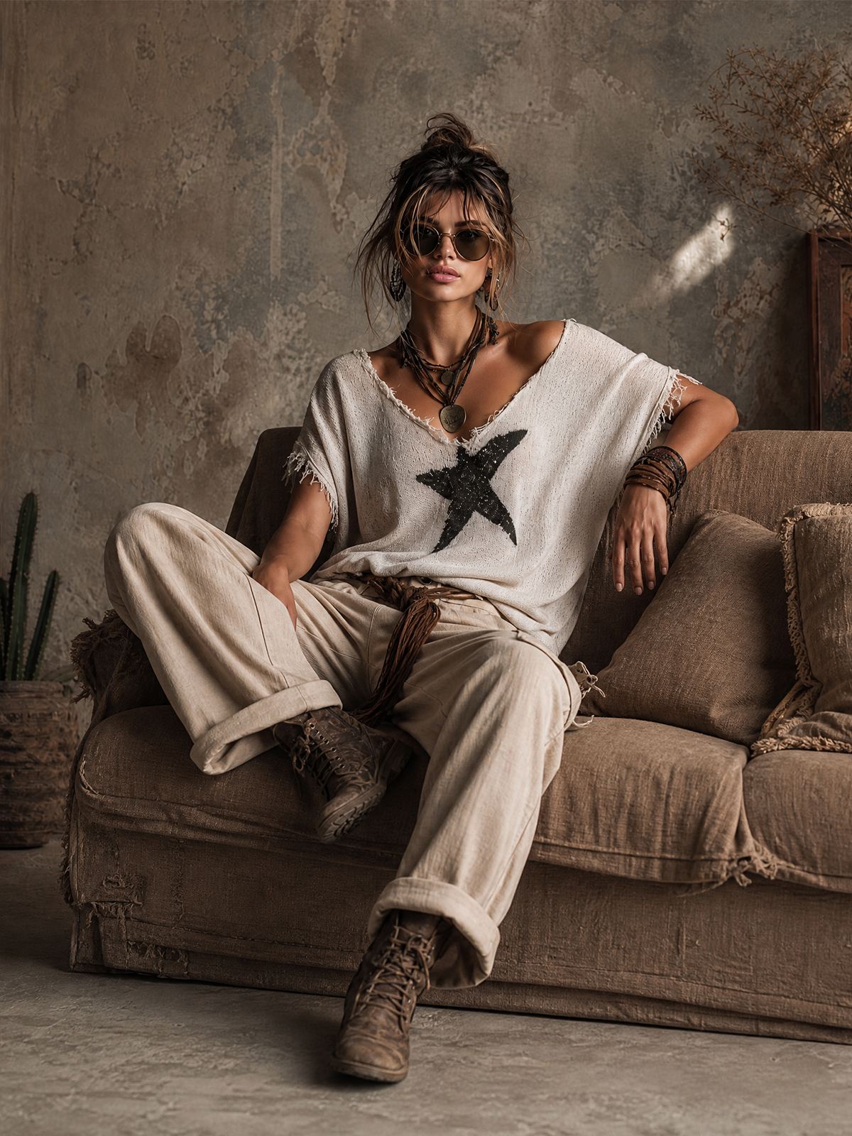 Chic Casual White V-Neck Star Jacquard Raw Edge Dolman Sleeves Loose-Fit Knit SweaterTop