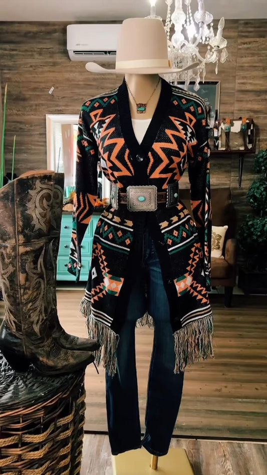 Vintage Western Aztec Pattern Tassel Sweater Cardigan