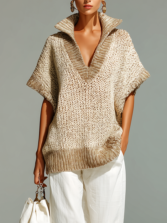 Fashion Casual Beige Stand-Collar Colorblock Loose Sleeveless Knit Vest