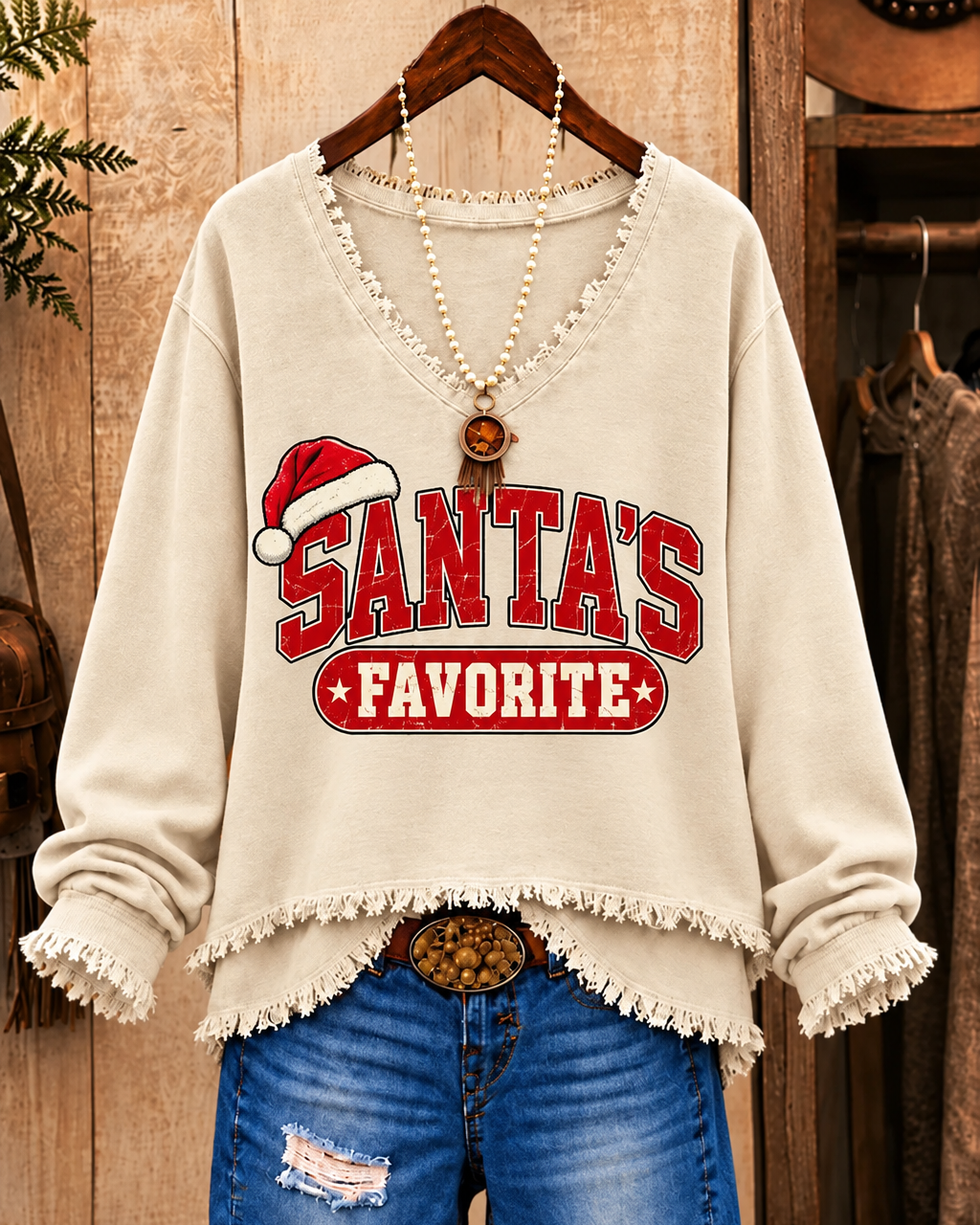 Christmas Vintage Santa's Favorite Graphic Print V-Neck Frayed Hem Top