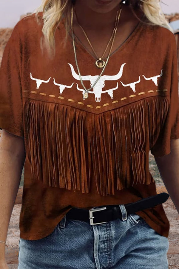 Vintage Western Bull Head Tassel Print T-Shirt