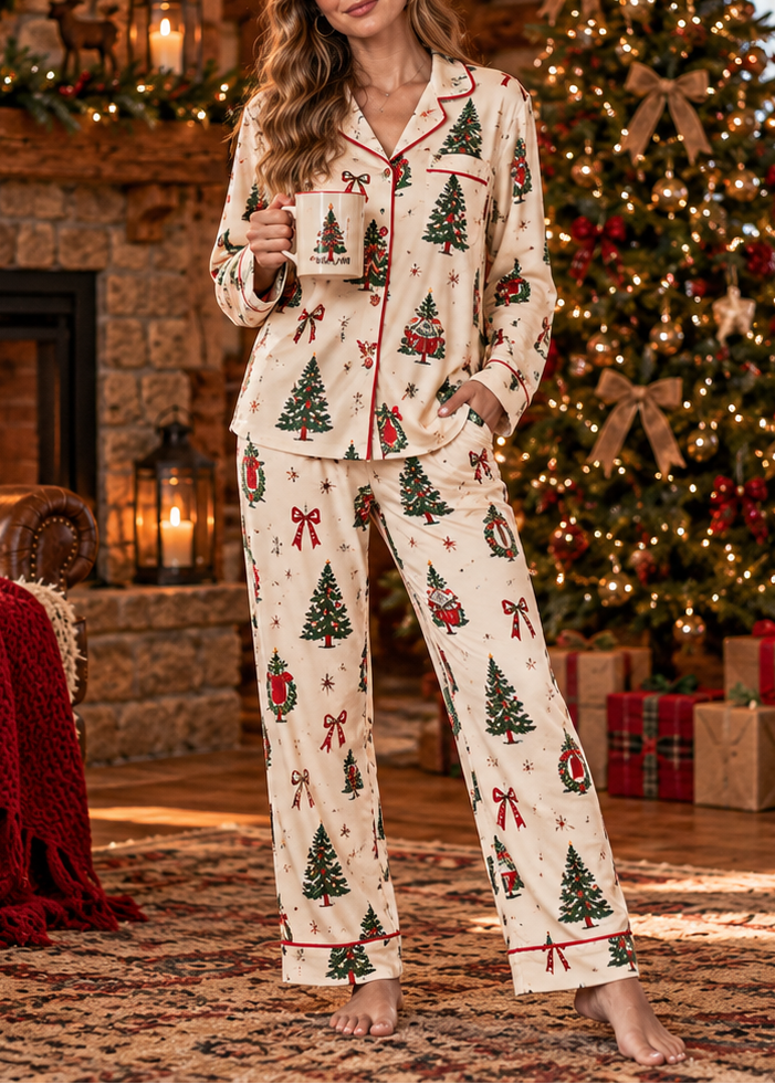 Women's Christmas Tree Ribbon Bow Long Sleeve Pants Suit