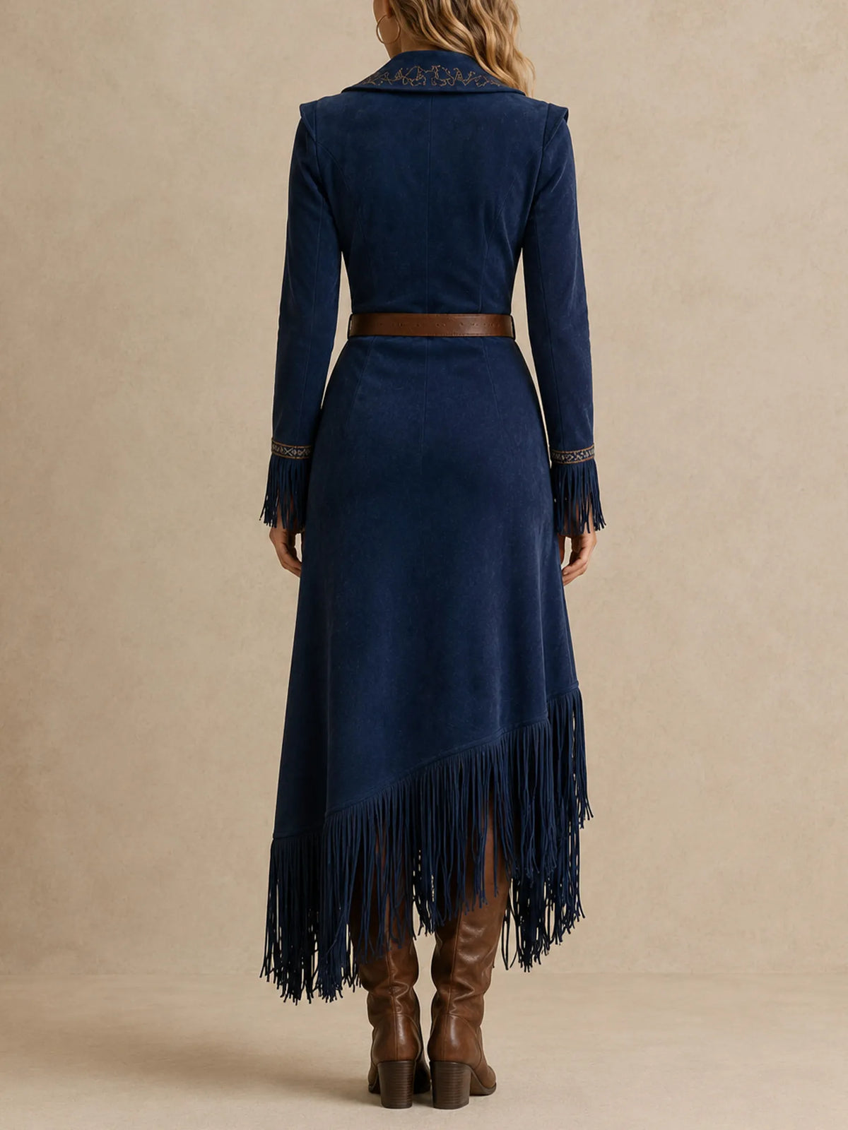 Perfect for a Western-inspired evening event — Women's Embroidered Lapel Deep V-Neck Button-Down Tassel Suede Maxi Dresses