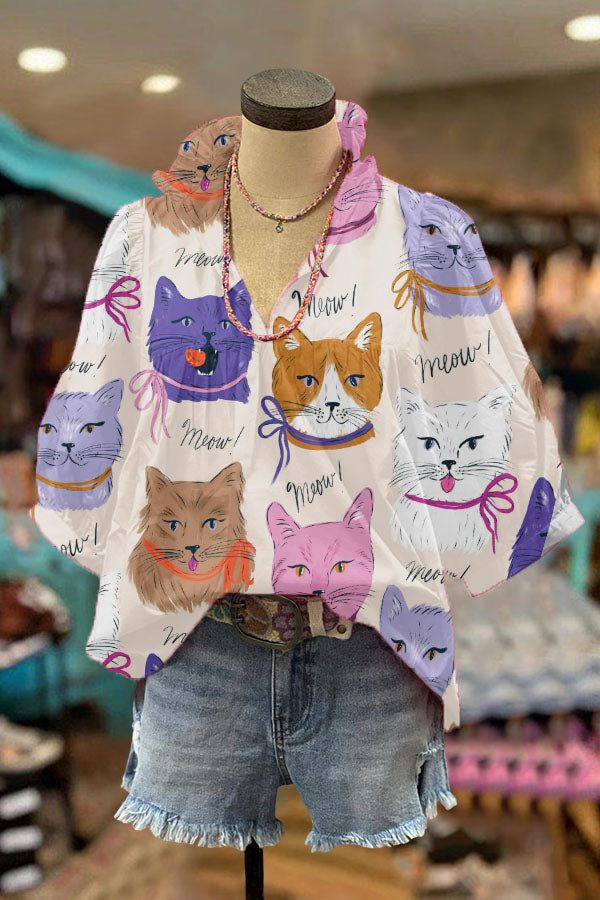 Cute Cat Print Puff Sleeve Top