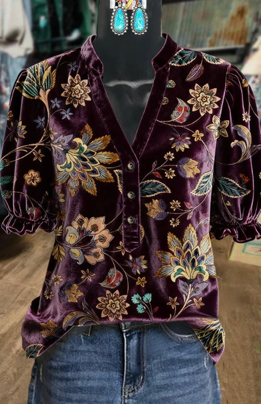 Vintage Floral Print V-Neck Puff Sleeve Velvet Top