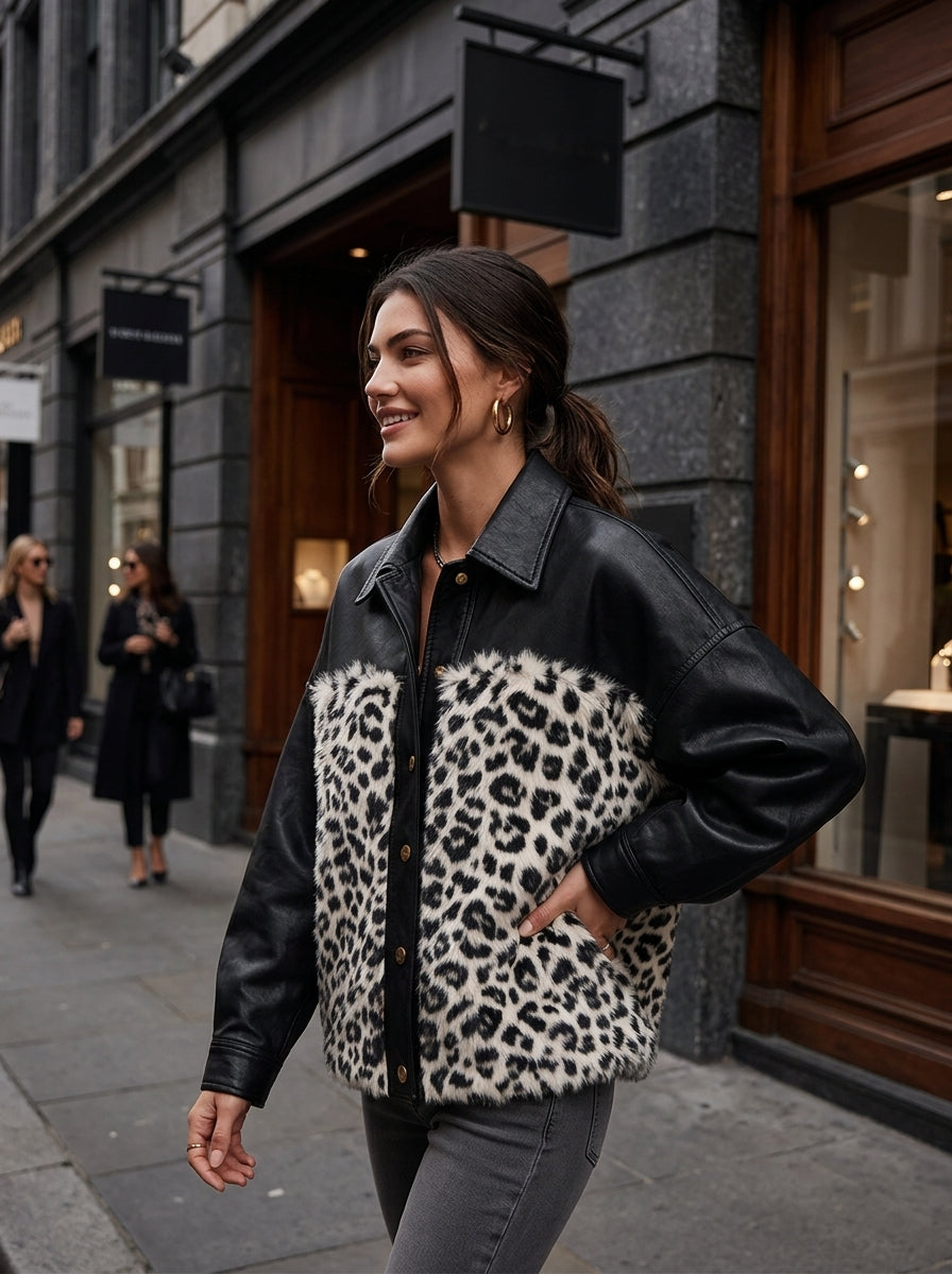 Women's Leather And Leopard-Print Faux Fur Panel Jacket