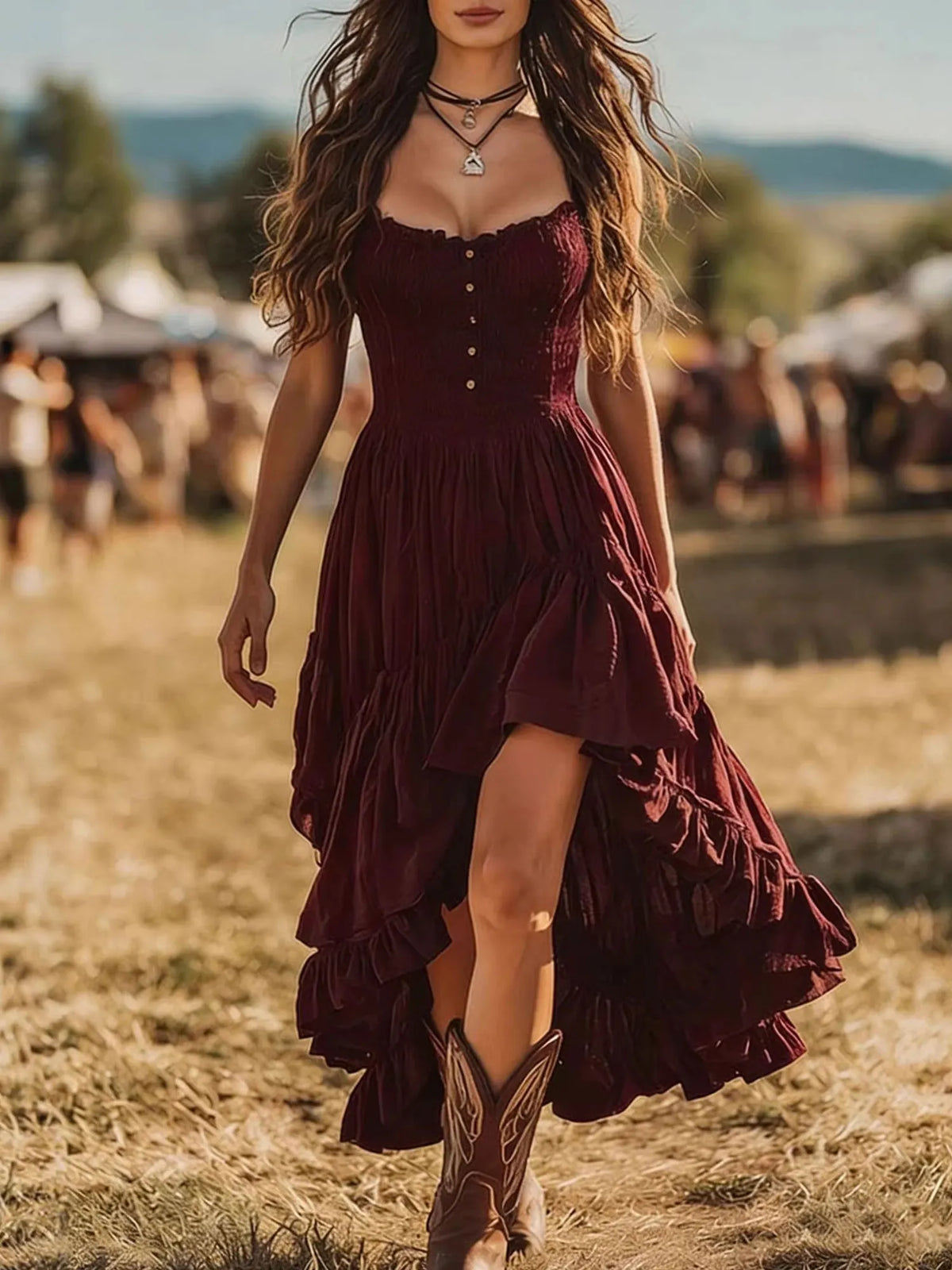 Dark Boho Aesthetic Midnight Desert Romance, Burgundy Smocked High-Low Tiered Maxi Dress