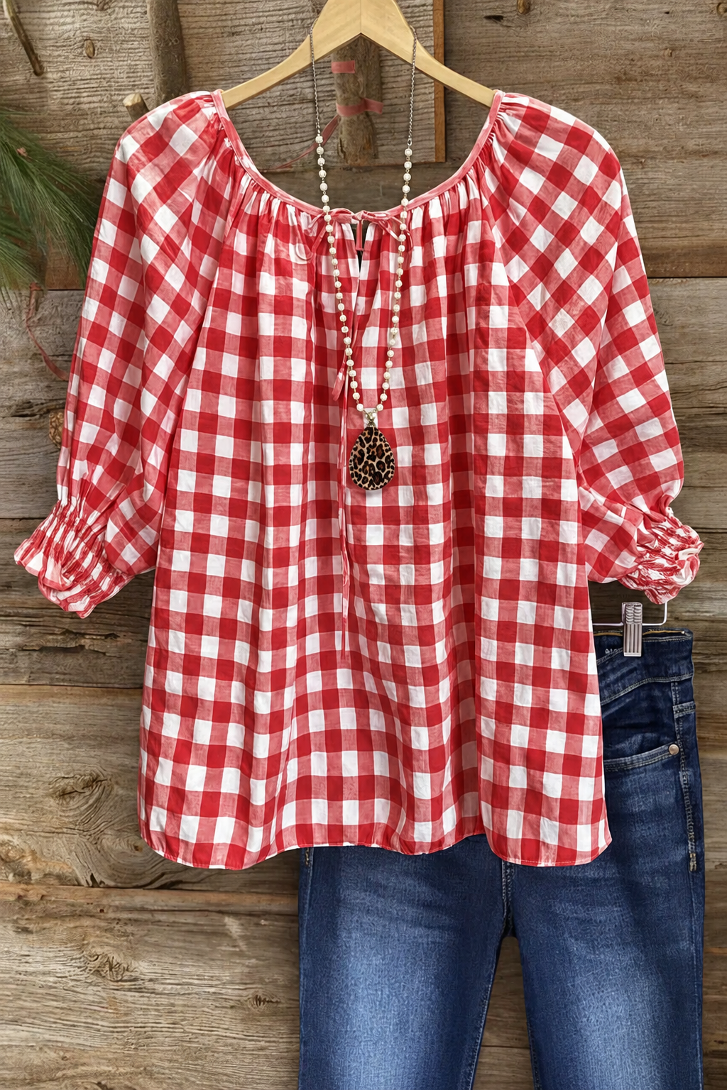 Cotton Plaid Gathered Cuff Top