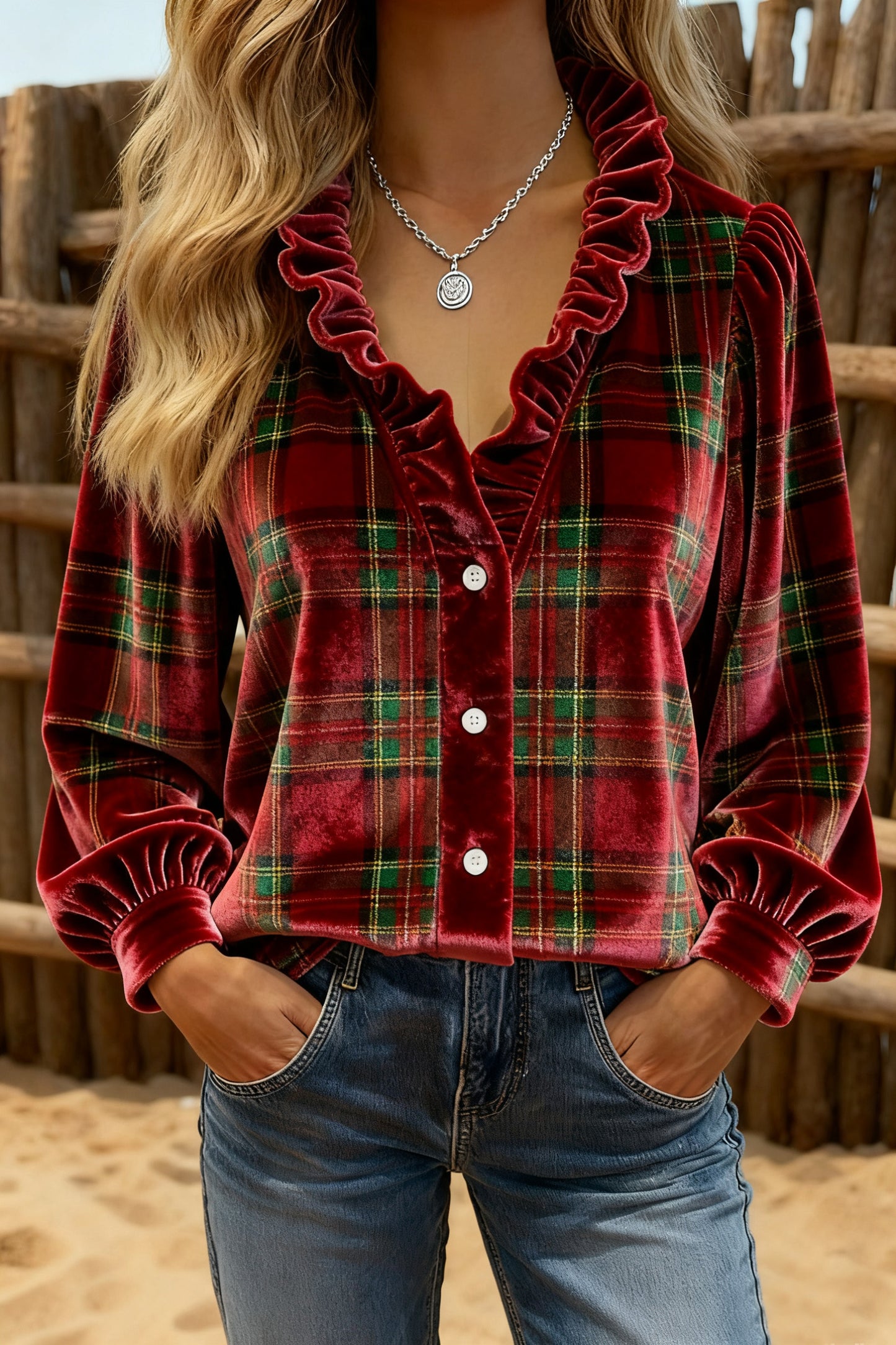 Plaid Ruffle Neck Velvet Holiday Top