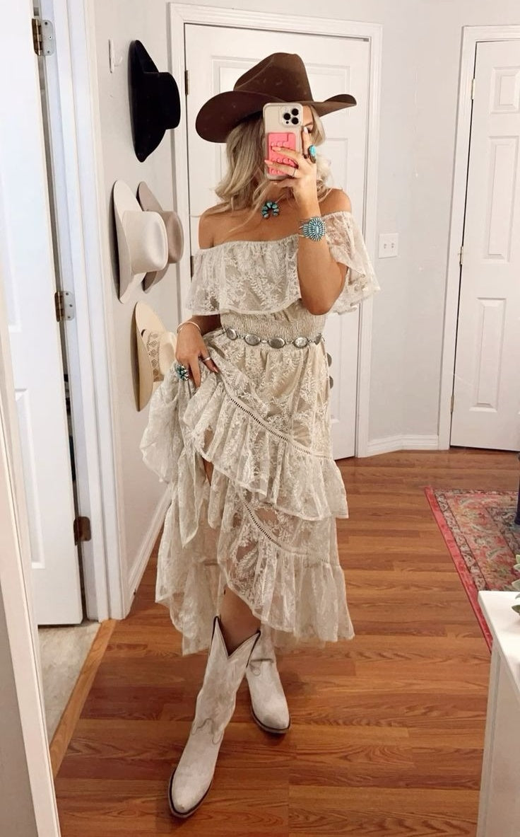 Bohemian Western One Shoulder Lace Irregular Ruffle Dress