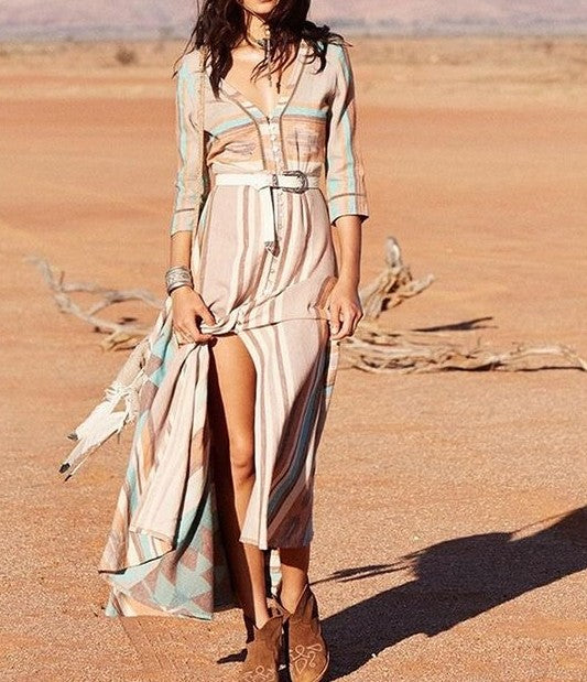 Casual Cotton V Necklace Slit Maxi Dress