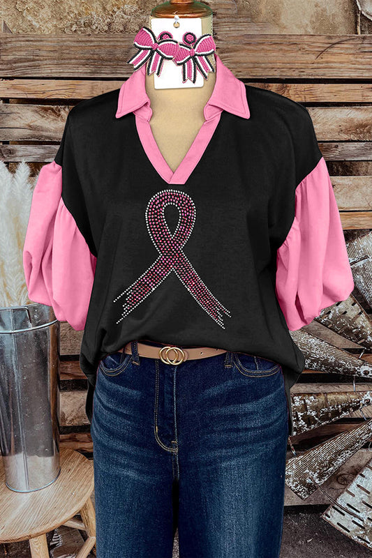 Classic Breast Cancer Awareness Rhinestone Ribbon Fly Sleeve Top