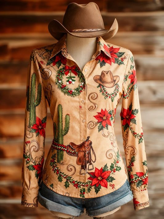 Women's Vintage Casual Christmas Western Long Sleeve Shirt