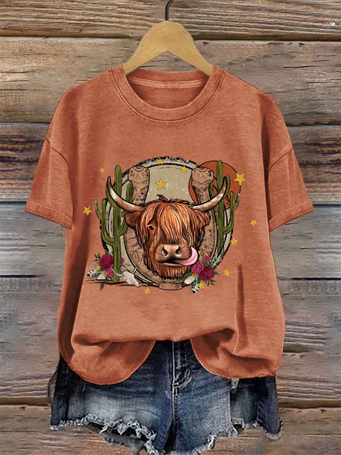 Women's Western Highland Cow Print Casual T-shirt