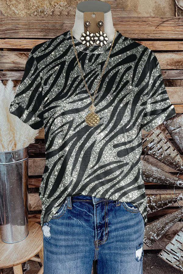 Shiny Zebra Print Crewneck Top